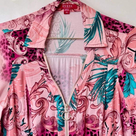 Guess|Y2K Pink & Teal Miami Tropical Print Long Sleeve Gold Zip Mini Dress Sz XS - Picture 4 of 7